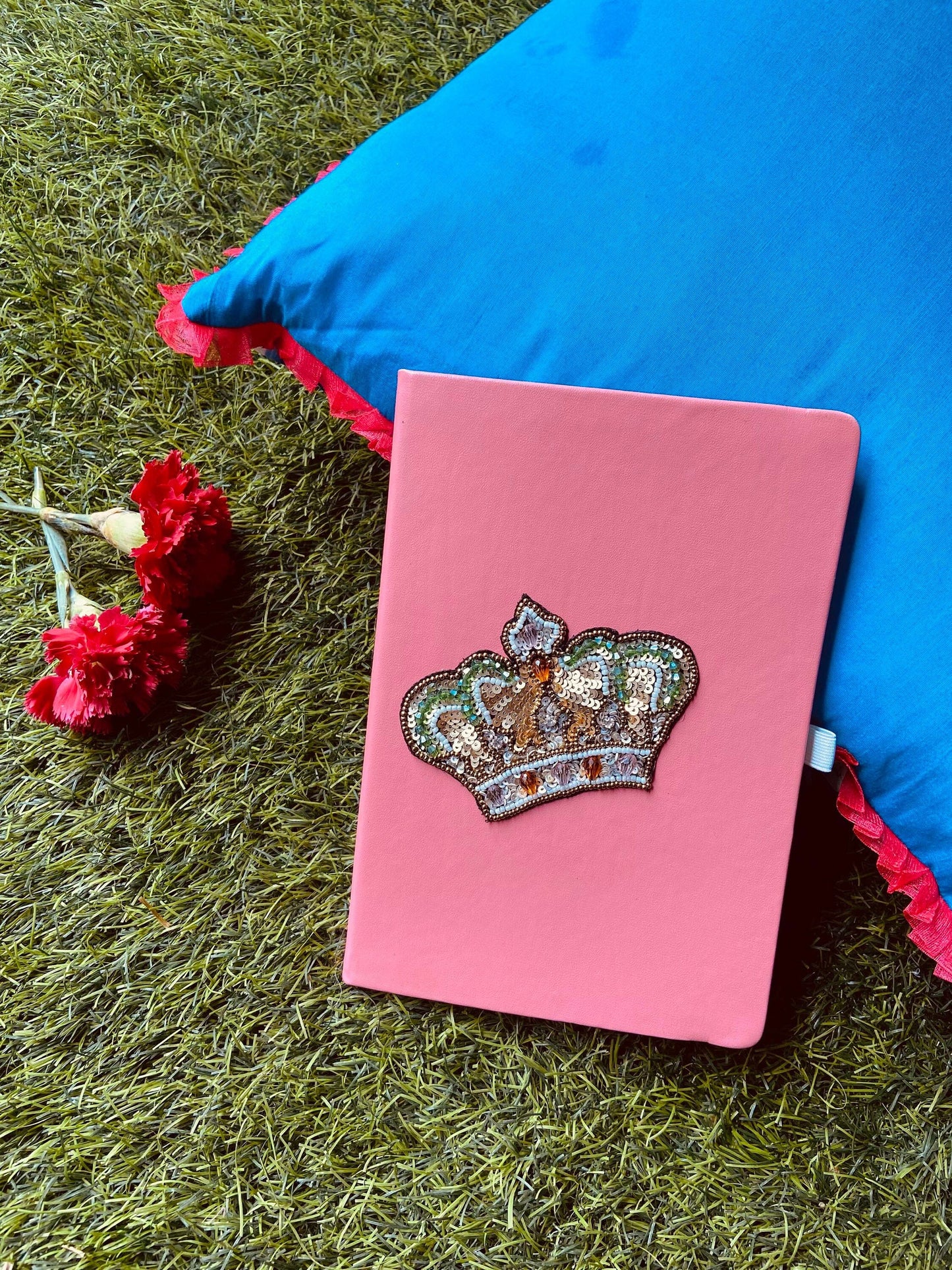 Quirky Crown Handmade Travel Journal,Pink Embroidered PU Vegan Leather Diary,Lined Notebook,Christmas Gift For Her,Undated Planner