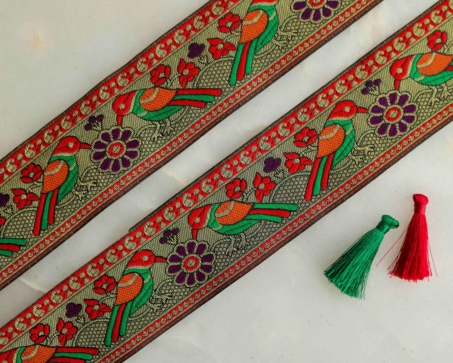 Red Green Parrot Jacquard Trim,Brocade Banarasi Gold Bird Floral Border,Indian Brocade Lace,Boho Trim, Floral Saree Border,Price/mtr