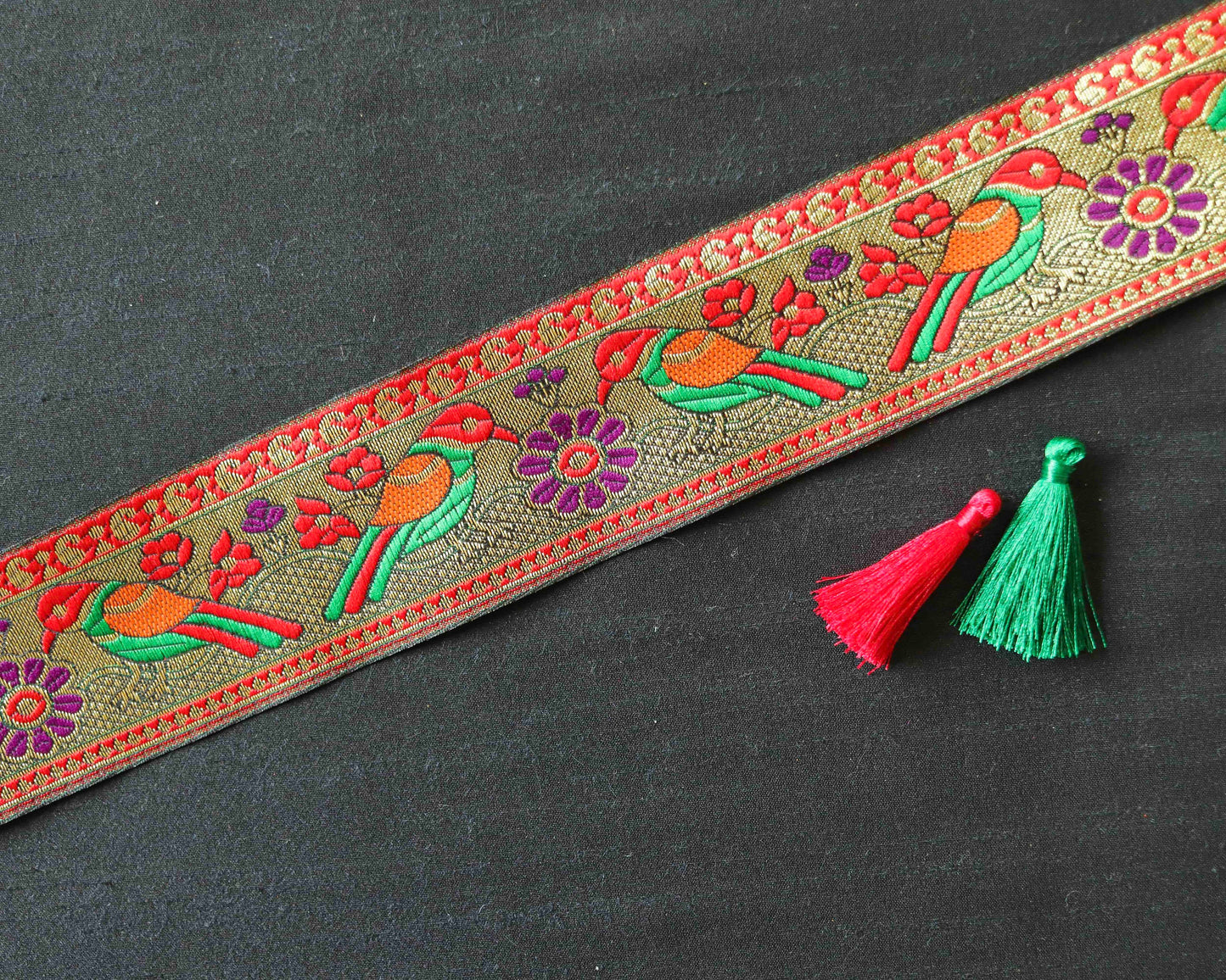 Red Green Parrot Jacquard Trim,Brocade Banarasi Gold Bird Floral Border,Indian Brocade Lace,Boho Trim, Floral Saree Border,Price/mtr