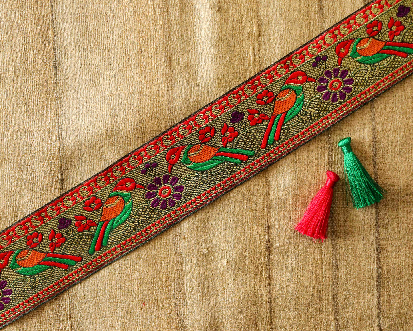 Red Green Parrot Jacquard Trim,Brocade Banarasi Gold Bird Floral Border,Indian Brocade Lace,Boho Trim, Floral Saree Border,Price/mtr