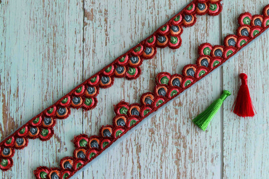 Red Maroon Floral Scallop Trim,Burgundy Embroidered Border,Berry Floral Lace,Cutwork Saree Border,Indian Fabric Trim,インド刺繍リボン,Price/mtr