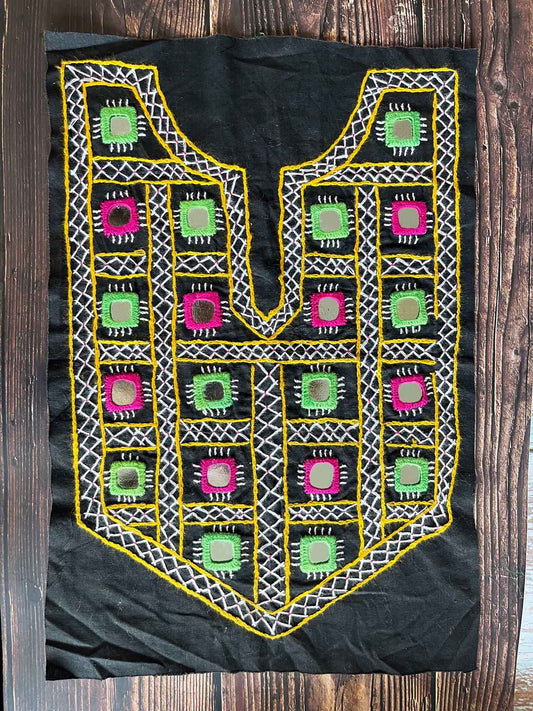 Black Boho Banjara Yoke Neckline,Handmade Indian Embroidered Mirror Neck Patch, Upcycled Recycled Kutchi Sindhi Afghan Tribal Applique