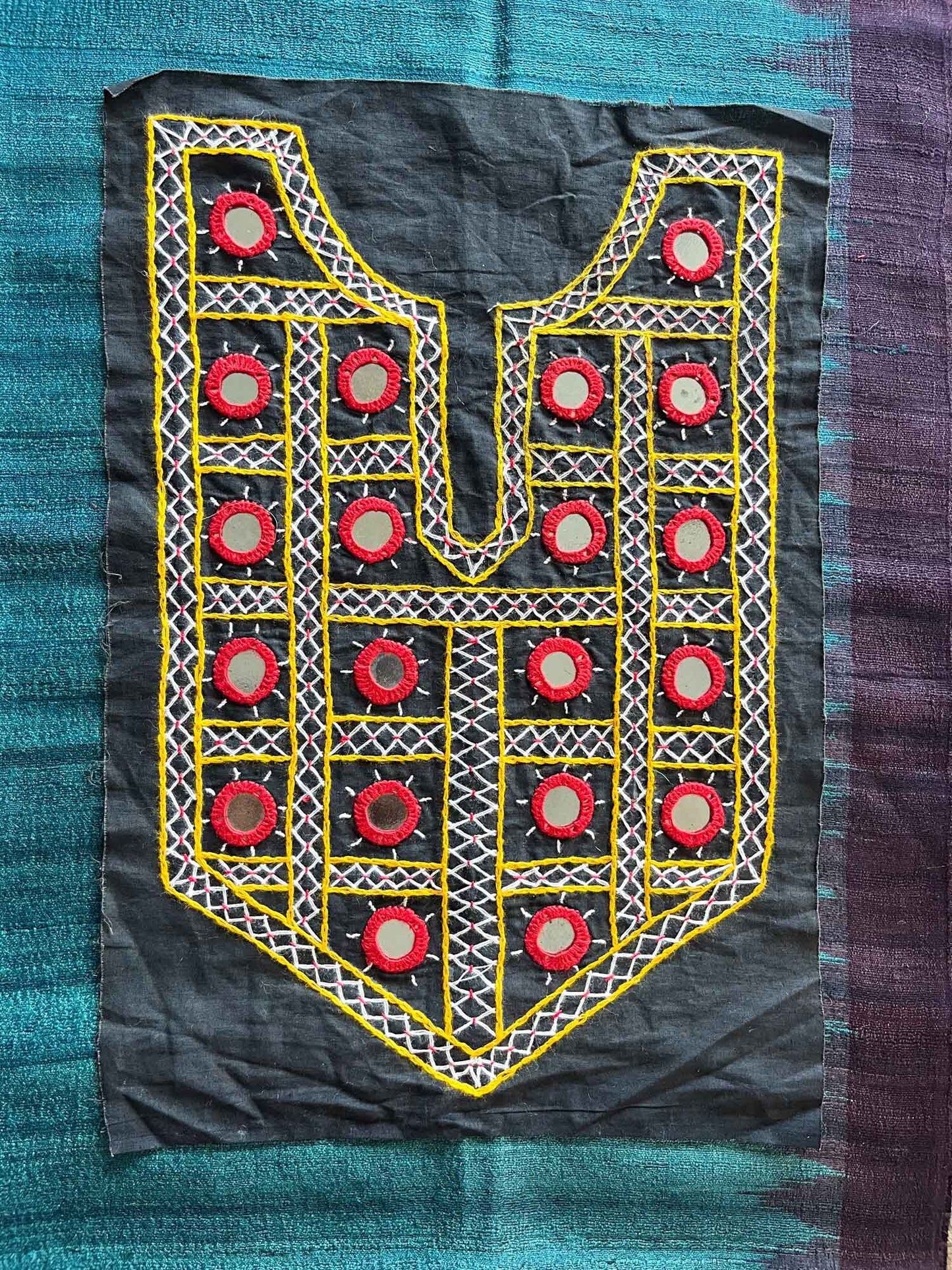 Black Boho Banjara Yoke Neckline,Handmade Indian Embroidered Mirror Neck Patch, Upcycled Recycled Kutchi Sindhi Afghan Tribal Applique