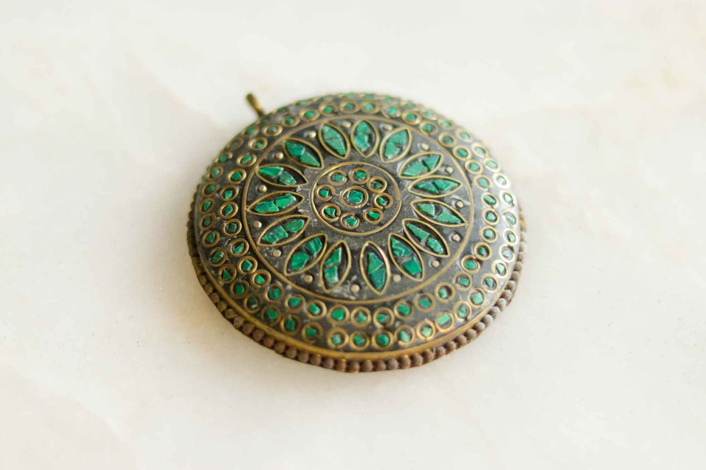 Green Gold Round Metal Charm,Green Gold Pendant,Tibetan Tribal Boho button,Tibetan Jewellery,Mosaic Inlay Button,Indian Jewellery Charm