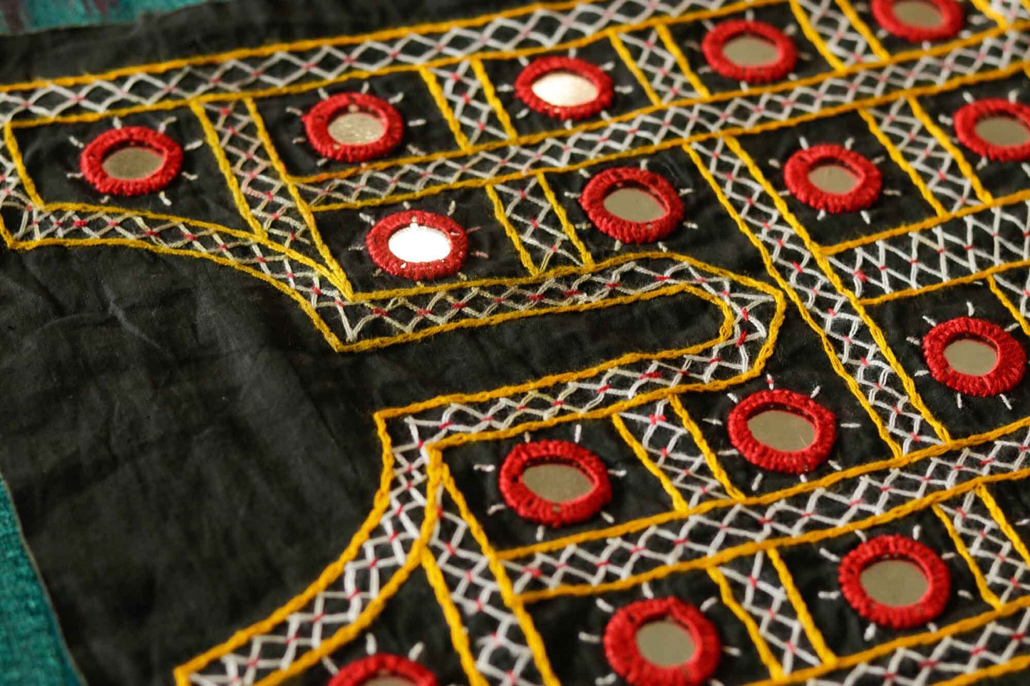 Black Boho Banjara Yoke Neckline,Handmade Indian Embroidered Mirror Neck Patch, Upcycled Recycled Kutchi Sindhi Afghan Tribal Applique