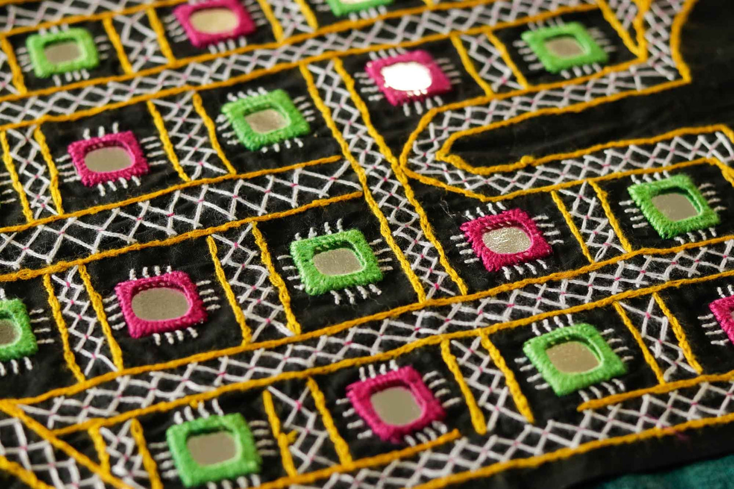 Black Boho Banjara Yoke Neckline,Handmade Indian Embroidered Mirror Neck Patch, Upcycled Recycled Kutchi Sindhi Afghan Tribal Applique