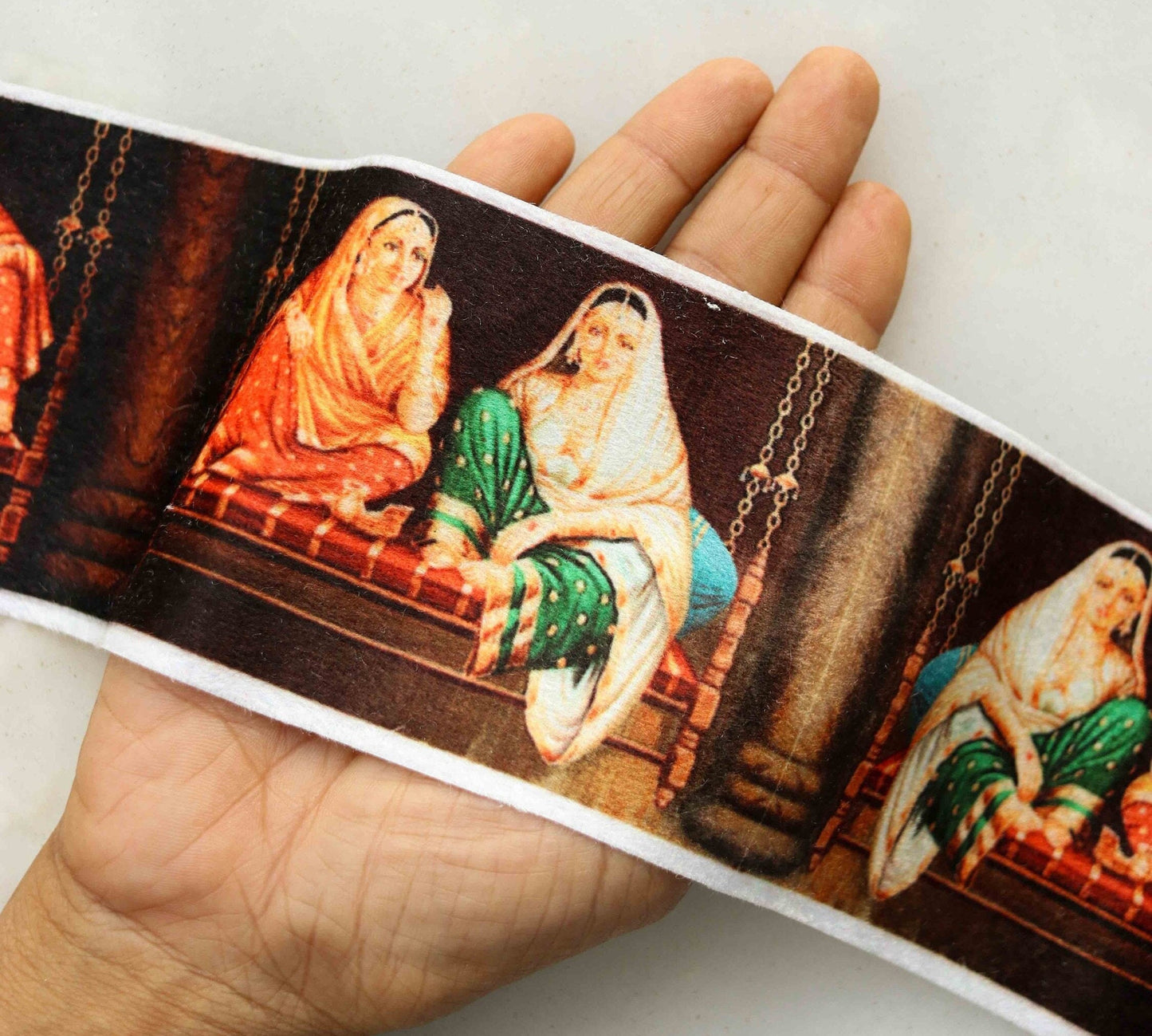 Indian Woman Digital Print Trim, Brown Suede Indian Bride Border, Quirky Boho Digital Print Lace, Bridal Digital Saree Border, Price/mtr