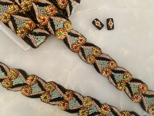 Vintage Black Gold Embroidered Trim,Indian Handmade Old Gold Sequin Floral Border,Blue Gold Lace,Bridal Saree Border,Designer Trim,Price/mtr