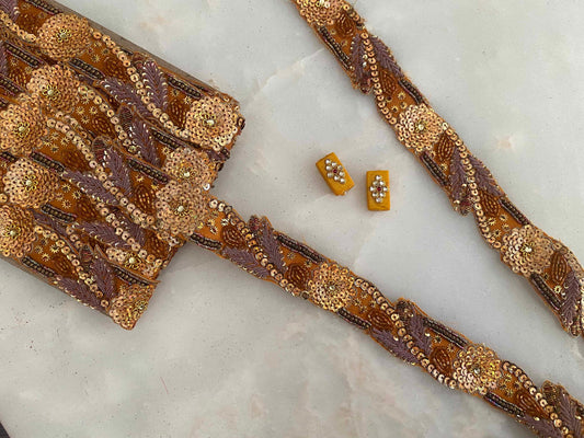 Vintage Orange Gold Embroidered Trim,Indian Handmade Old Gold Sequin Floral Lace,Recycled Bridal Saree Border,Designer Trim,Price/mtr