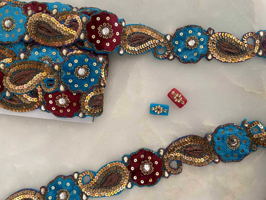 Vintage Blue Gold Embroidered Trim,Indian Handmade Old Gold Paisley Floral Border,Cutwork Blue Red Lace,Designer Bridal Saree Border,Price/m