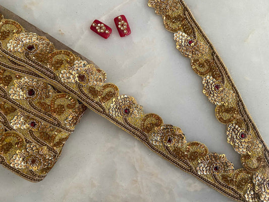 Vintage Gold Floral Embroidered Trim,Indian Handmade Old Gold Sequin Border,Golden Sequin Lace,Bridal Saree Border,Designer Trim,Price/mtr