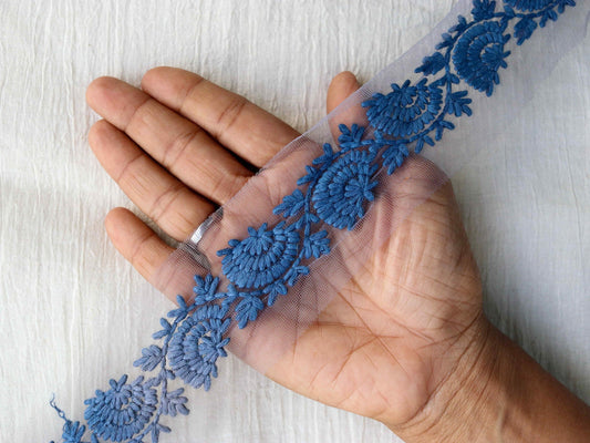 Blue Grey Floral Embroidered Trim,Net Border,Blue Grey Floral Lace,Indian Fabric Trim,Saree Border,Price/mtr
