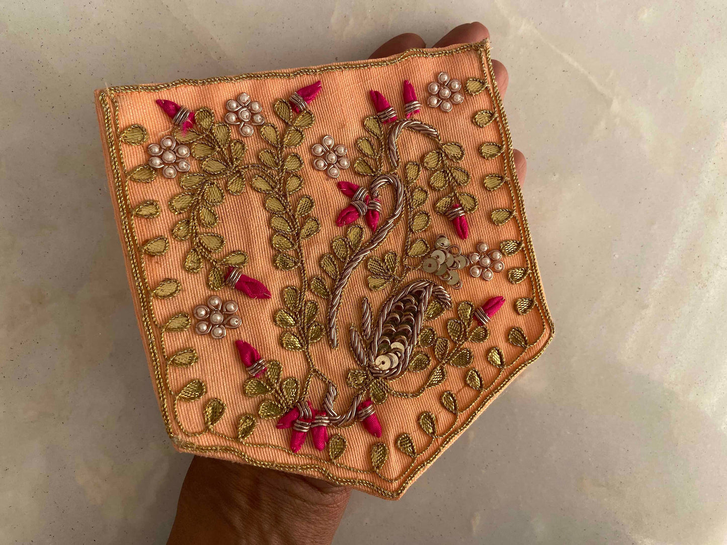 Peach Gold Embroidered Pocket Patch,Handmade Indian Peach Pocket Applique,Boho Kitschy Floral Bird Patch,DIY Denim Jacket Patch