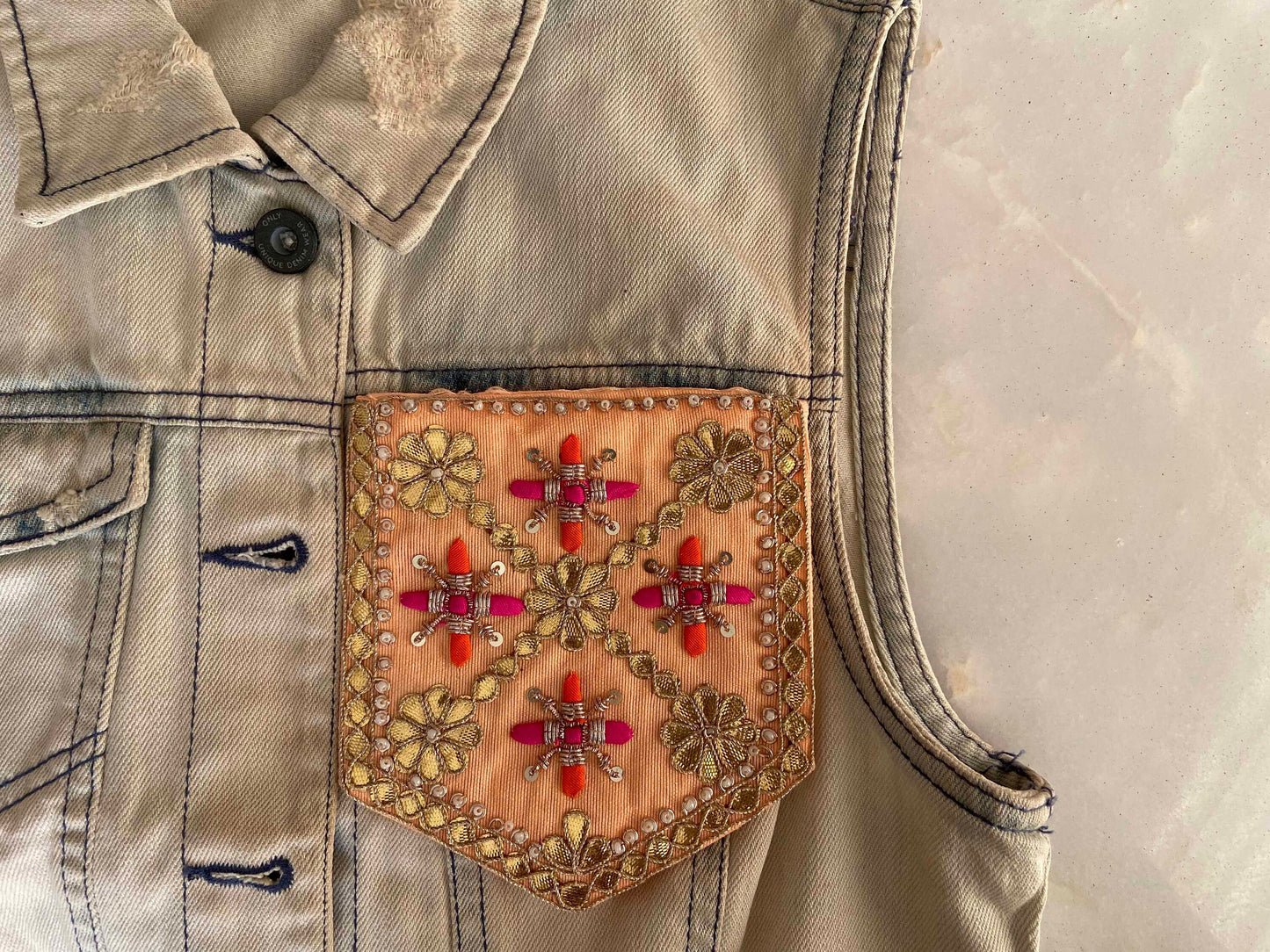Peach Gold Embroidered Pocket Patch,Handmade Indian Peach Pocket Applique,Boho Kitschy Floral Bird Patch,DIY Denim Jacket Patch