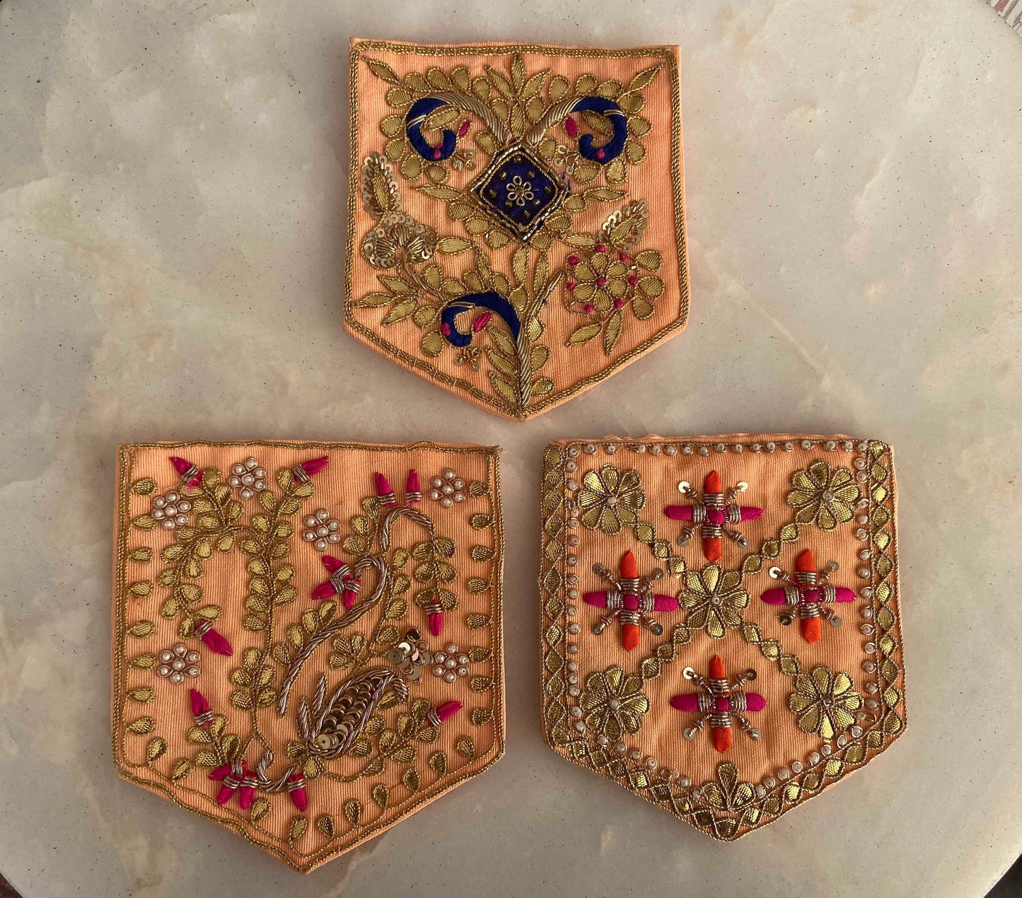 Peach Gold Embroidered Pocket Patch,Handmade Indian Peach Pocket Applique,Boho Kitschy Floral Bird Patch,DIY Denim Jacket Patch