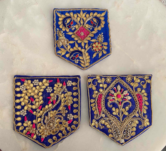 Blue Gold Embroidered Pocket Patch,Handmade Indian Blue Pocket Applique,Boho Kitschy Floral Bird Patch,DIY Denim Jacket Patch