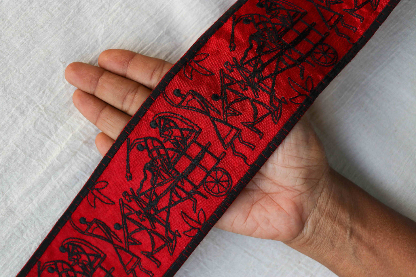 Red Black Warli Embroidered Trim,Indian Tribal Folk Art Embroidery Border,Stick Figure Painting Lace,Boho Quirky Trim,Price/mtr