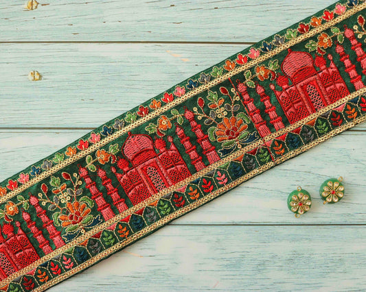 Green Pink Indian Palace Trim,Taj Mahal Embroidered Green Red Border,Oriental Floral Lace,Boho Royal Palace Indian Designer Trim,Price/mtr