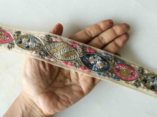 Blue Pink Floral Embroidered Trim,Pastel Net Floral Border,Blue Beige Net Sequin Lace,Indian Fabric Trim,Saree Border,Price/mtr, インド刺繍リボン