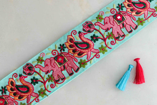 Green Pink Elephant Peacock Trim, Embroidered Elephant Border, Royal Indian Designer Lace, Animal Bird Saree Border, インド刺繍リボン, Price/mtr