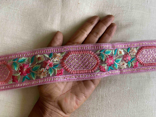 Pink Floral Sequin Embroidered Trim,Pink on Pink Embroidered Net Border,Pink Square Net Lace,Indian Fabric Trim,Pink Saree Border,Price/mtr
