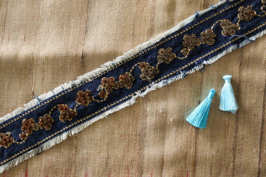 Blue Denim Floral Embroidered Trim,Indian Fabric Embroidered Border,Denim Floral Lace,Blue Denim Floral Border,Denim Saree Border,Price/mtr