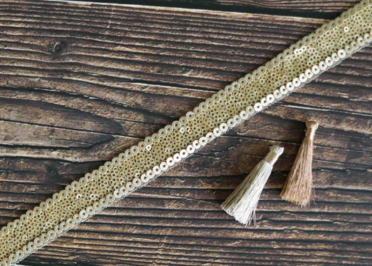 Light Gold Sequin Embroidered Trim,Gold Net Embroidered Border,Vintage Gold Lace,Indian Fabric Trim,Golden Saree Border,Price/mtr