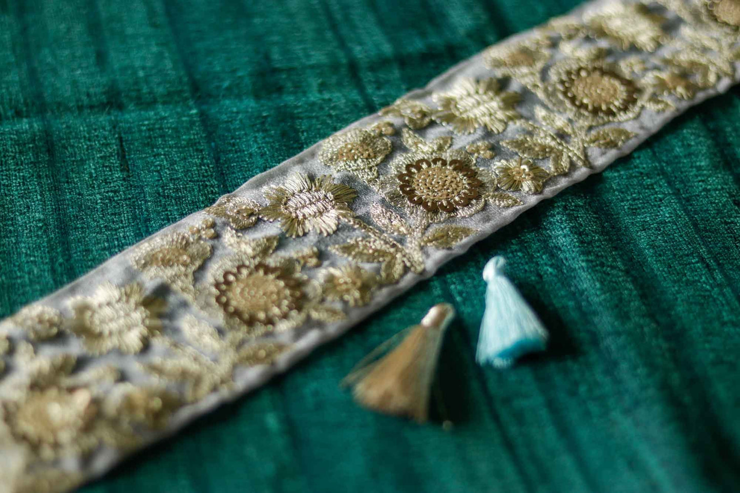 Grey Gold Floral Embroidered Trim,Grey Sequin Net Border,Grey Tissue Lace,Indian Fabric Trim,Grey Gold Saree Border,Price/mtr