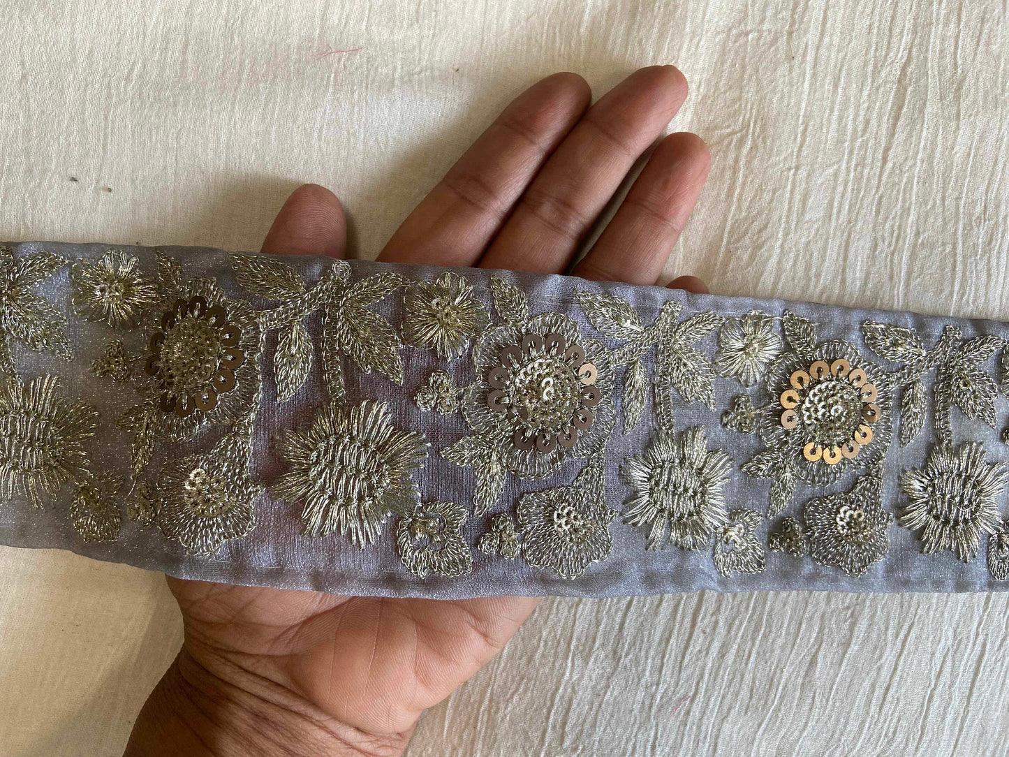 Grey Gold Floral Embroidered Trim,Grey Sequin Net Border,Grey Tissue Lace,Indian Fabric Trim,Grey Gold Saree Border,Price/mtr