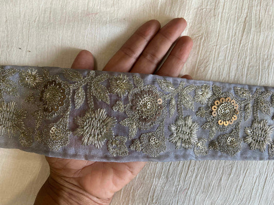 Grey Gold Floral Embroidered Trim,Grey Sequin Net Border,Grey Tissue Lace,Indian Fabric Trim,Grey Gold Saree Border,Price/mtr