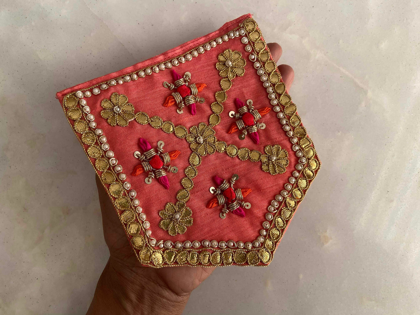 Pink Gold Embroidered Pocket Patch,Handmade Indian Pink Pocket Applique,Boho Kitschy Floral Bird Patch,DIY Denim Jacket Patch