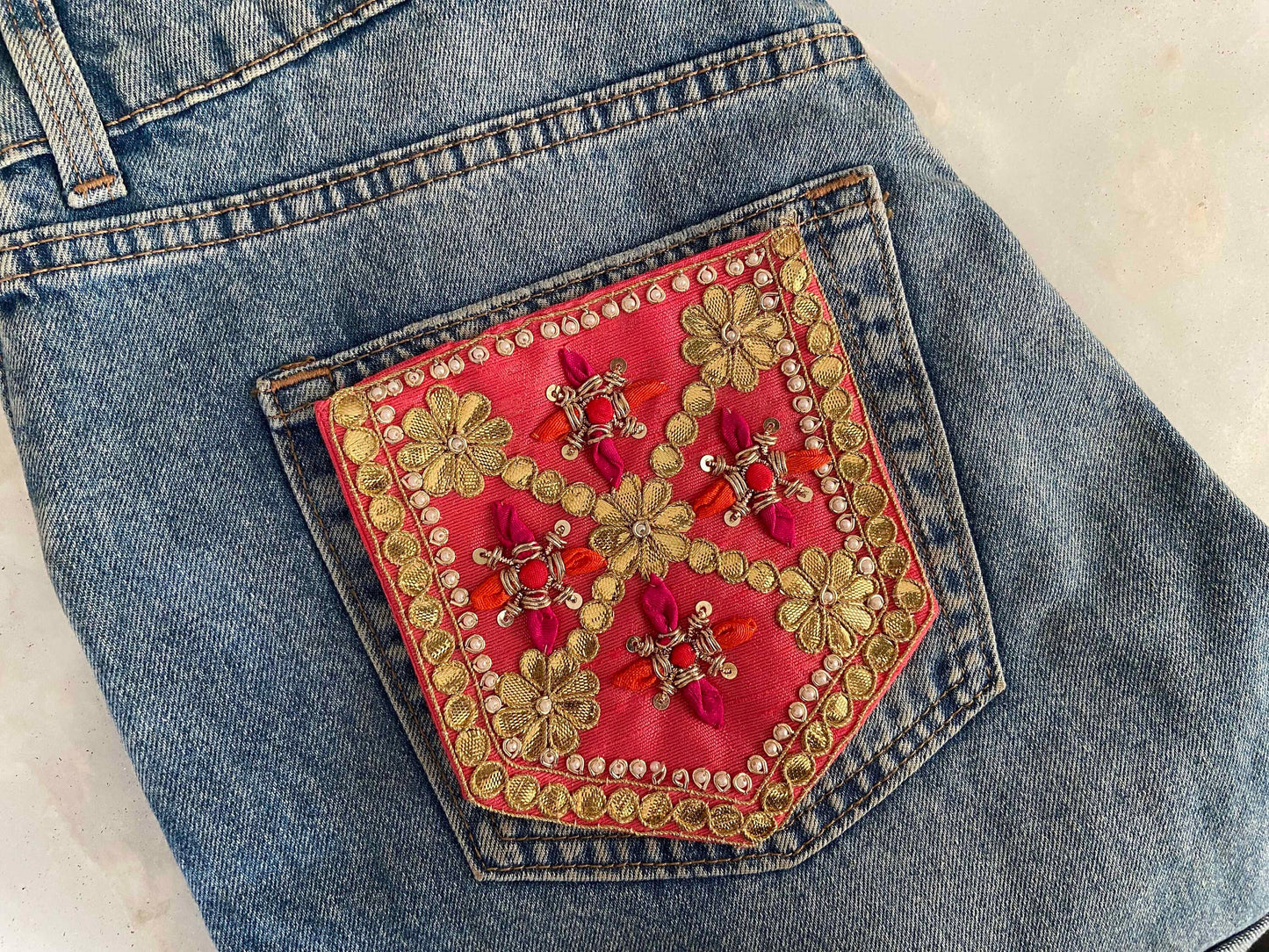 Pink Gold Embroidered Pocket Patch,Handmade Indian Pink Pocket Applique,Boho Kitschy Floral Bird Patch,DIY Denim Jacket Patch