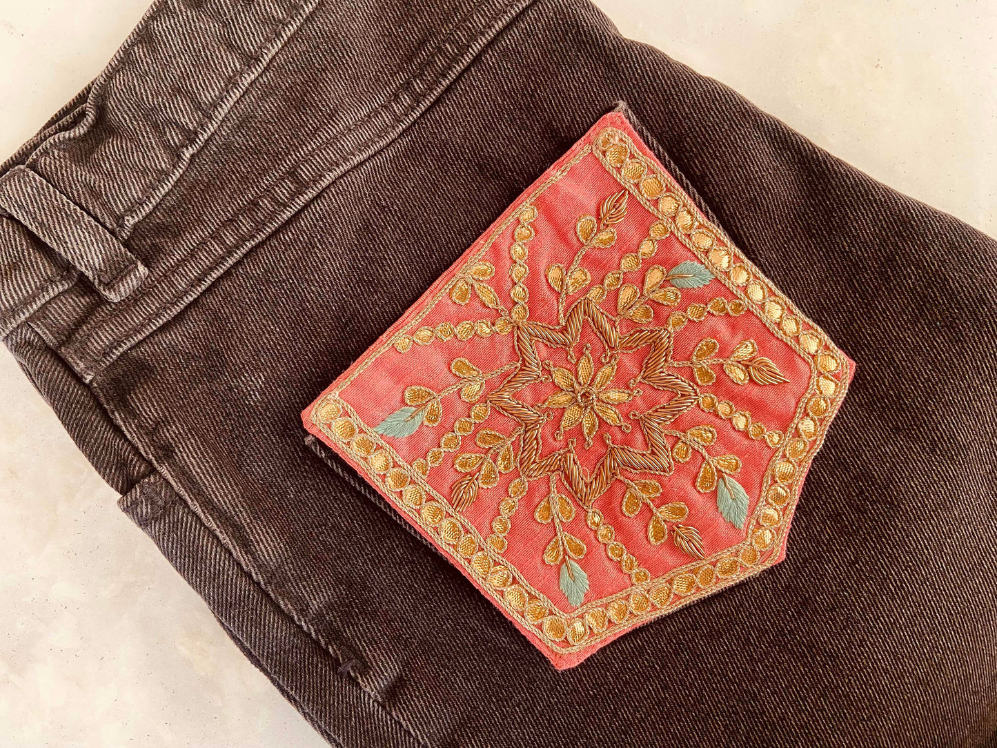 Pink Gold Embroidered Pocket Patch,Handmade Indian Pink Pocket Applique,Boho Kitschy Floral Bird Patch,DIY Denim Jacket Patch