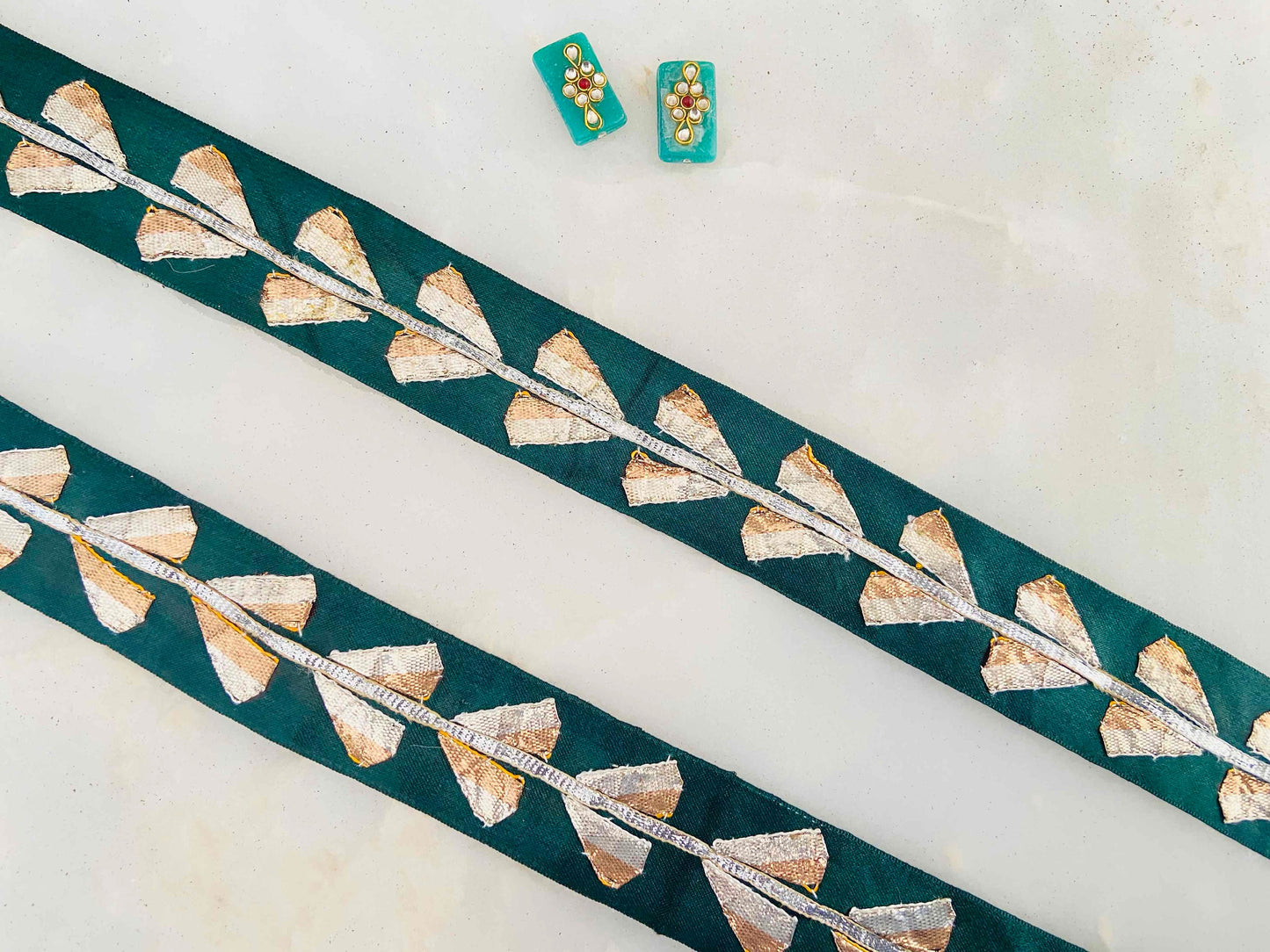 Green Gold Gota Embroidered Trim,Silver Gold Triangle Border, Gota Triangle Lace,Emerald Bridal Saree Border,Indian Fabric Trim,Price/mtr