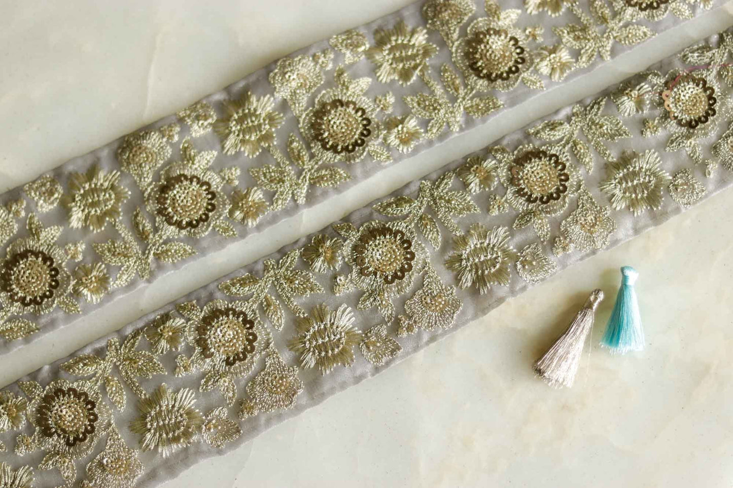 Grey Gold Floral Embroidered Trim,Grey Sequin Net Border,Grey Tissue Lace,Indian Fabric Trim,Grey Gold Saree Border,Price/mtr
