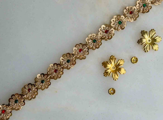 Gold Sequin Floral Embroidered Trim,Narrow Cutwork Colourful Sequin Border,Gold Sequin Lace,Indian Fabric Thin Gold Saree Border,Price/mtr