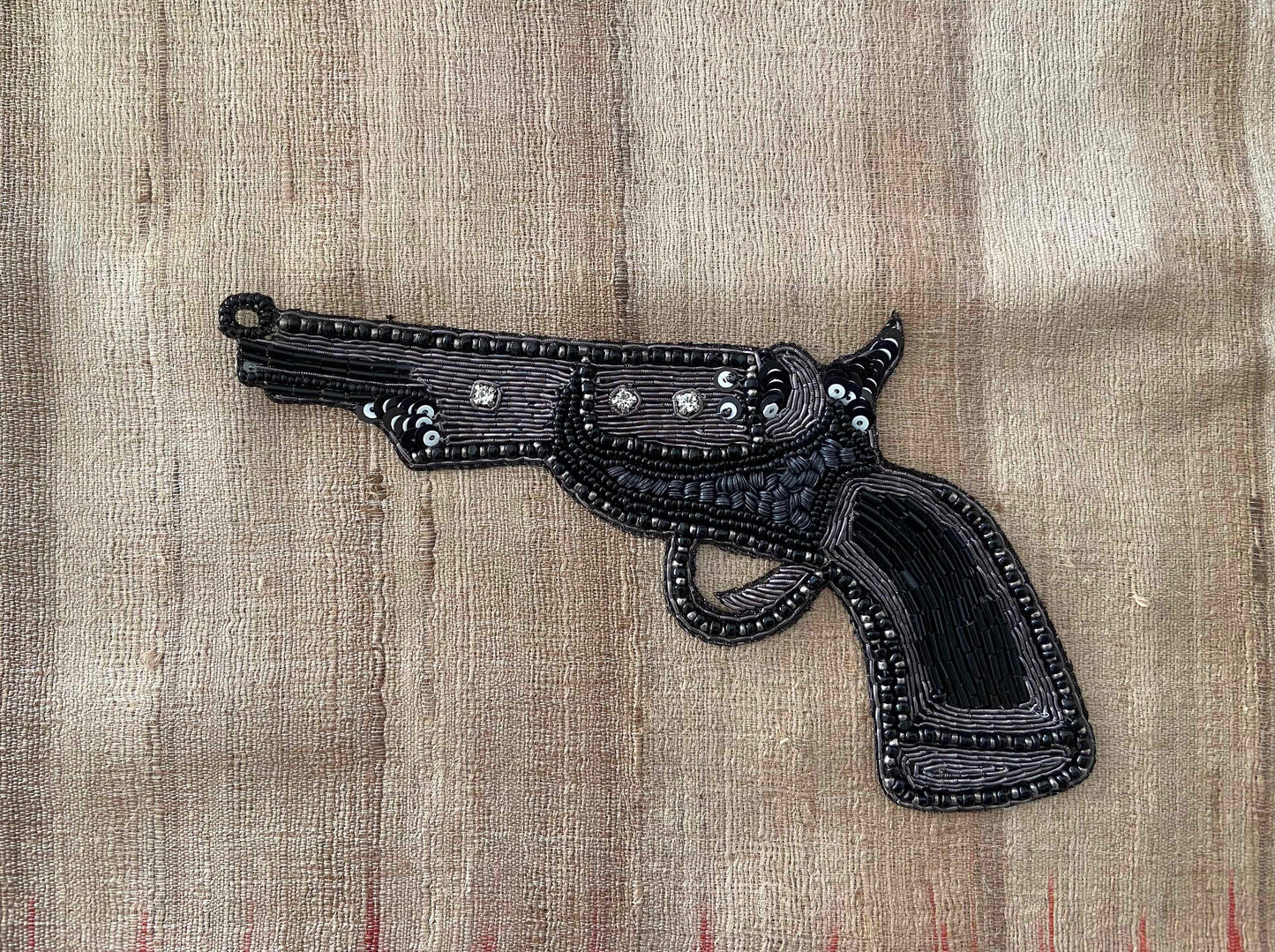 Quirky Black Gun Embroidered Patch,Handmade embroidered applique, Black Silver Grey Gun Patch,Pistol patch,Sew on applique,DIY Patch