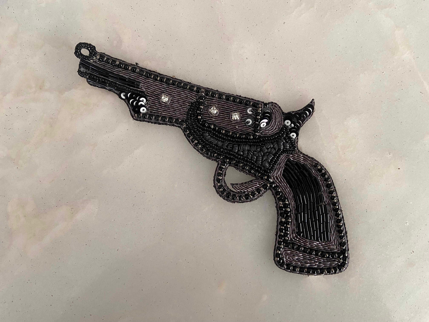 Quirky Black Gun Embroidered Patch,Handmade embroidered applique, Black Silver Grey Gun Patch,Pistol patch,Sew on applique,DIY Patch