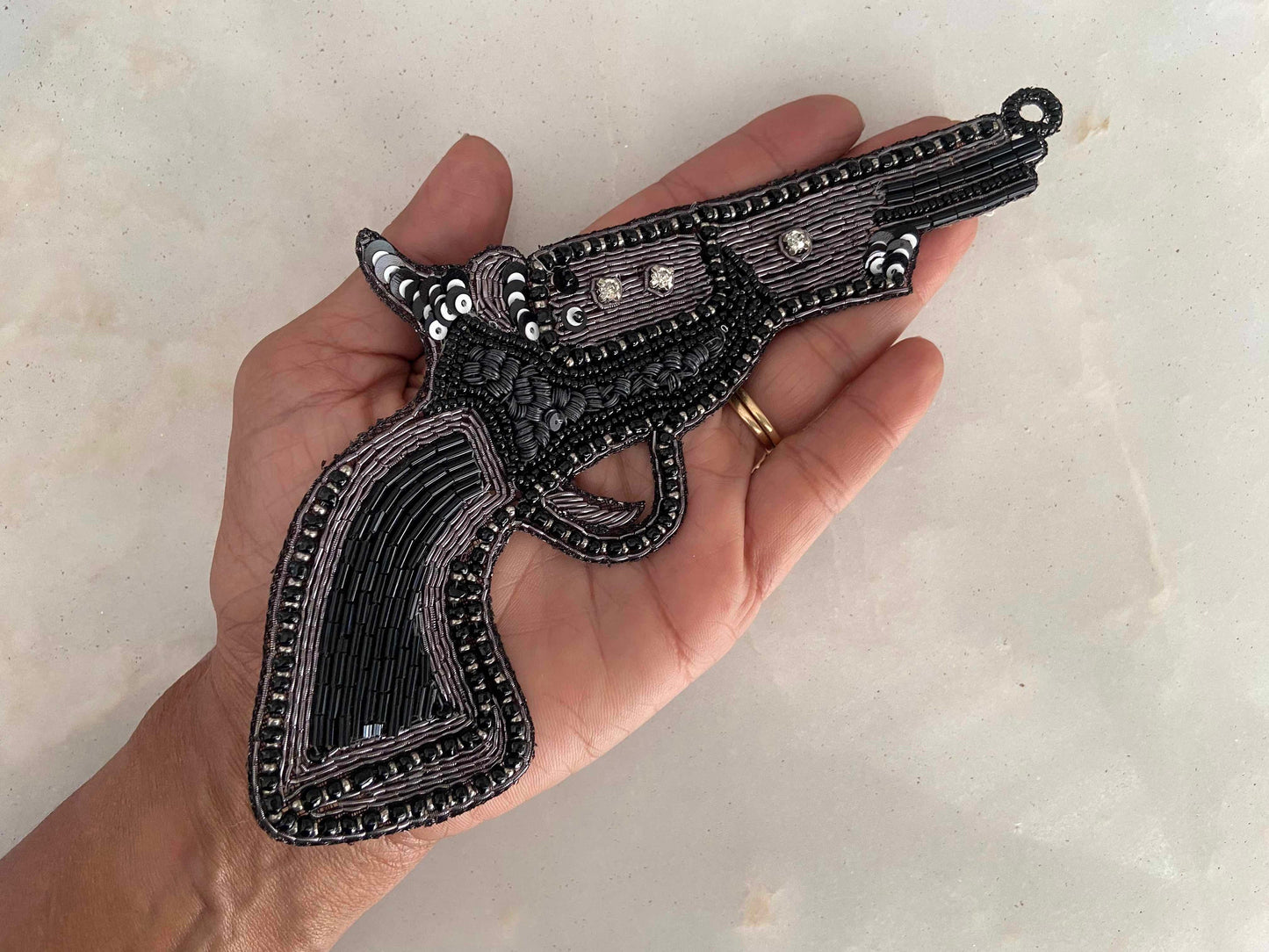 Quirky Black Gun Embroidered Patch,Handmade embroidered applique, Black Silver Grey Gun Patch,Pistol patch,Sew on applique,DIY Patch