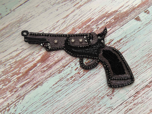 Quirky Black Gun Embroidered Patch,Handmade embroidered applique, Black Silver Grey Gun Patch,Pistol patch,Sew on applique,DIY Patch