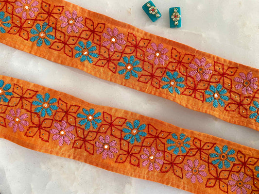 Orange Blue Embroidered Kutchi Trim,Indian Handmade Border,Burnt Orange Blue Floral Lace,Tribal Boho Hippie Saree Border, インド刺繍リボン,Price/mtr