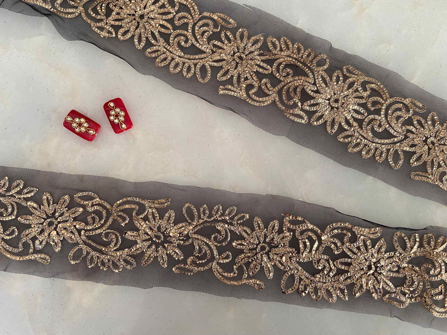 Black Gold Net Embroidered Trim,Black Gold Foil Floral Border,Designer Black Gota Embroidery Lace,Indian Trim,Black Saree Border,Price/mtr