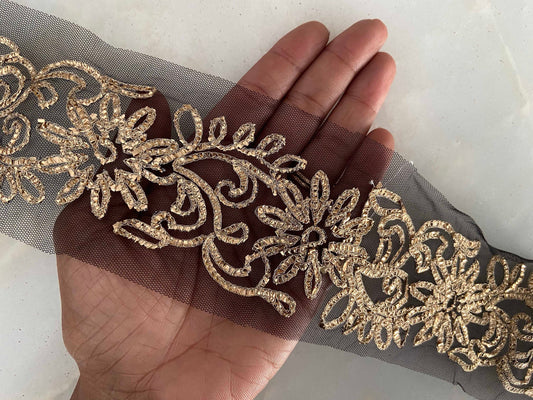 Black Gold Net Embroidered Trim,Black Gold Foil Floral Border,Designer Black Gota Embroidery Lace,Indian Trim,Black Saree Border,Price/mtr