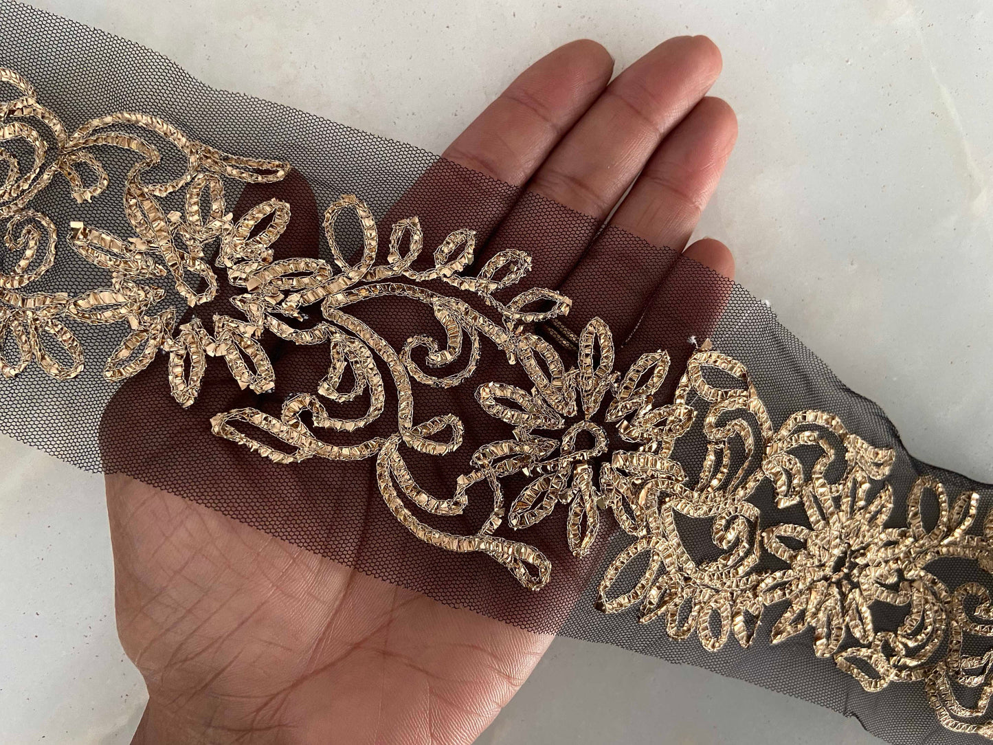 Black Gold Net Embroidered Trim,Black Gold Foil Floral Border,Designer Black Gota Embroidery Lace,Indian Trim,Black Saree Border,Price/mtr