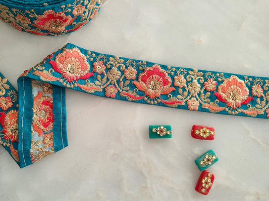 Green Red Floral Embroidered Trim,Indian Fabric Embroidered Border,Teal Green Peach Floral Lace,Floral Saree Border,インド刺繍リボン, Price/mtr