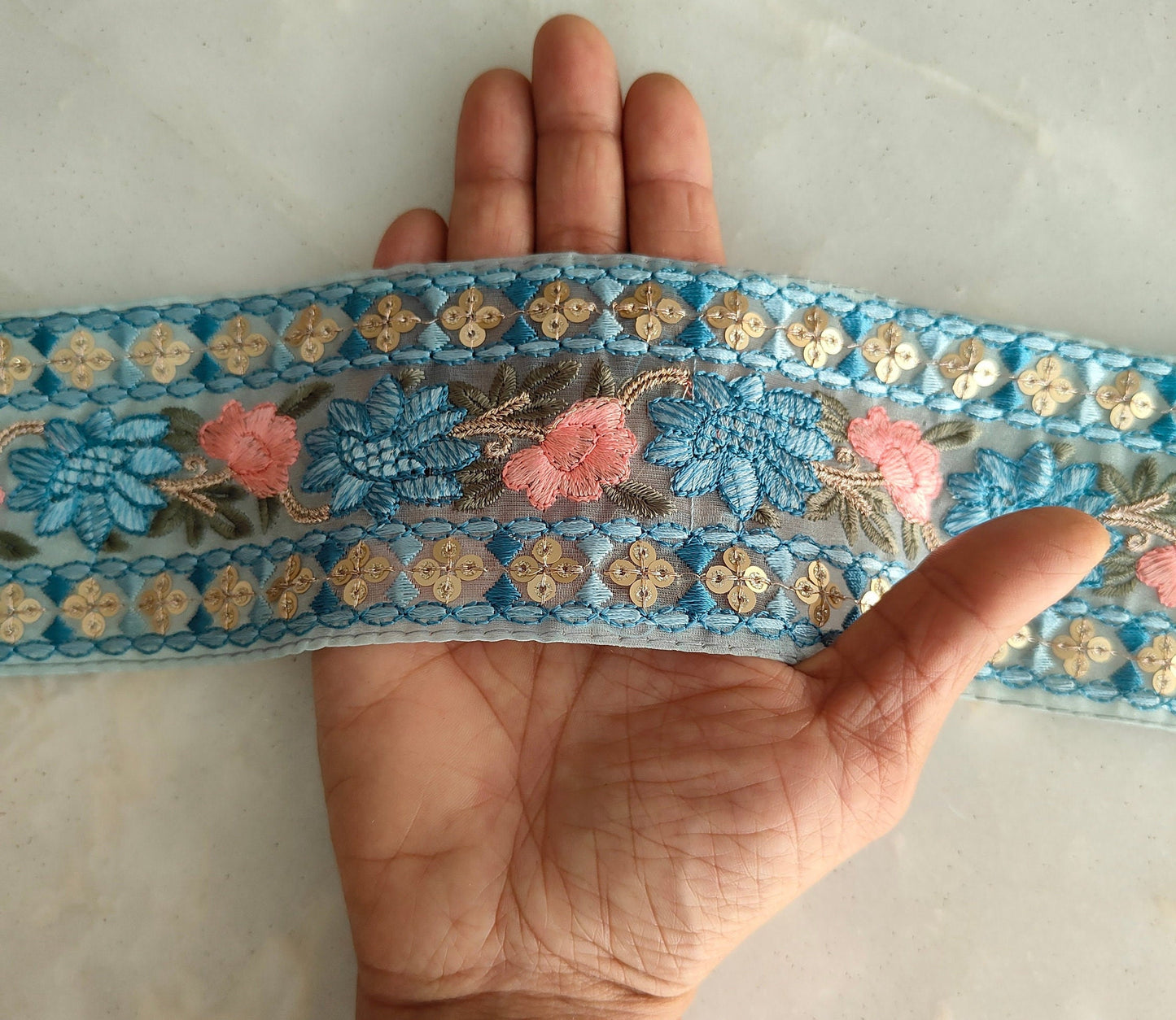 Blue Pink Floral Embroidered Trim,Self Blue Organza Border,Floral Tissue Lace,Indian Trim,Floral Saree Border,インド刺繍リボン, Price/mtr