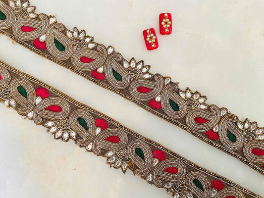 Vintage Paisley Red Gold Trim,Indian Handmade Embroidered Cutwork Floral Lace, Old Gold Lace,Bridal Saree Border,Designer Trim,Price/mtr