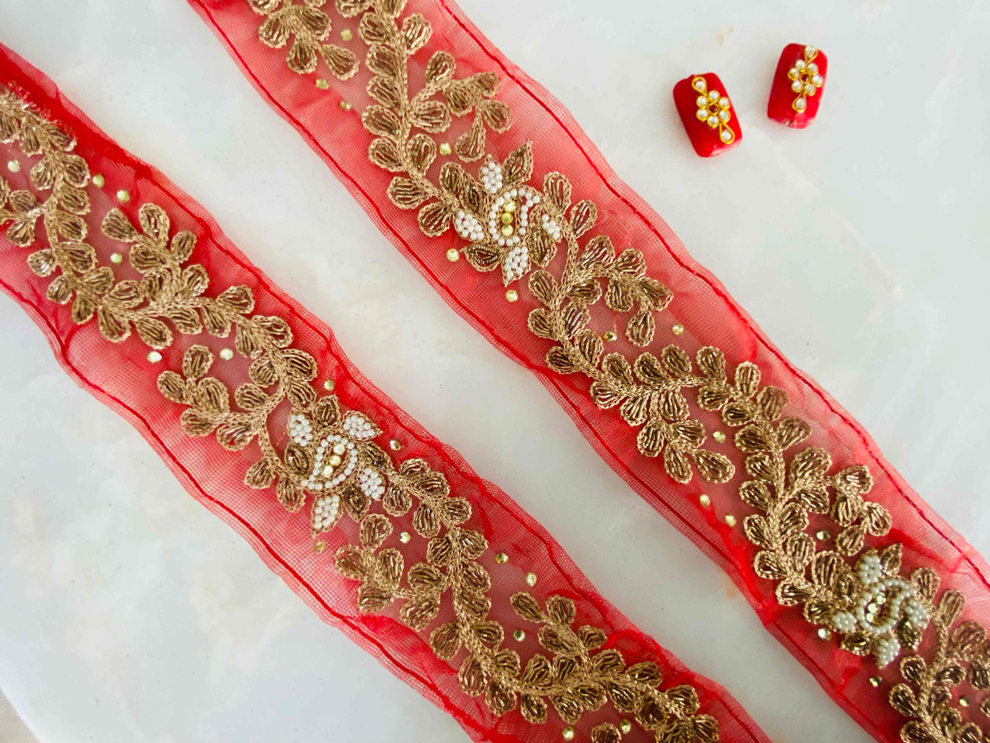 Red Gold Floral Embroidered Trim,Indian Designer Net Saree Border,Handmade Beaded Lace,Red Gold Zari Bridal Saree Border,インド刺繍リボン,Price/mtr