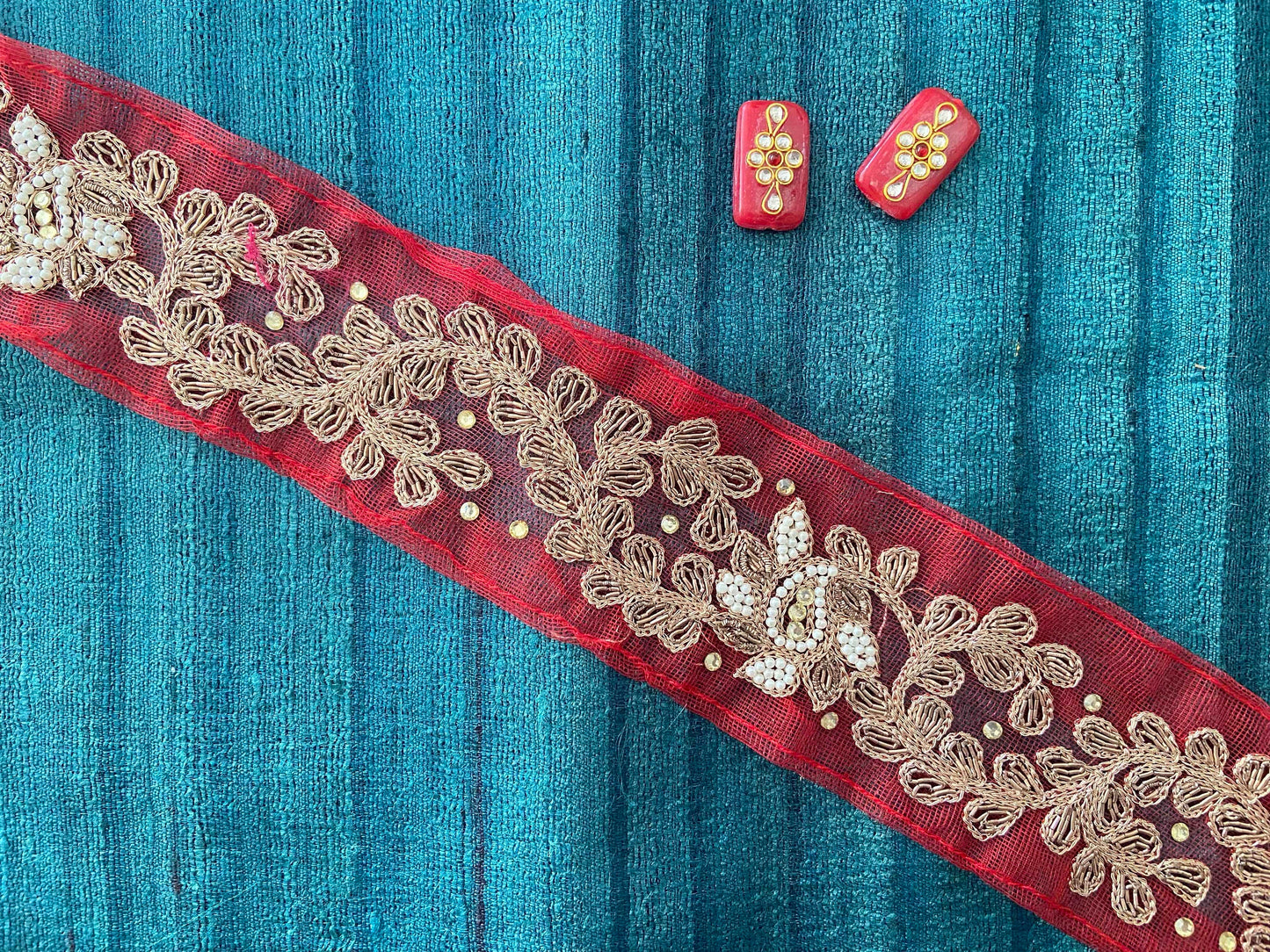 Red Gold Floral Embroidered Trim,Indian Designer Net Saree Border,Handmade Beaded Lace,Red Gold Zari Bridal Saree Border,インド刺繍リボン,Price/mtr