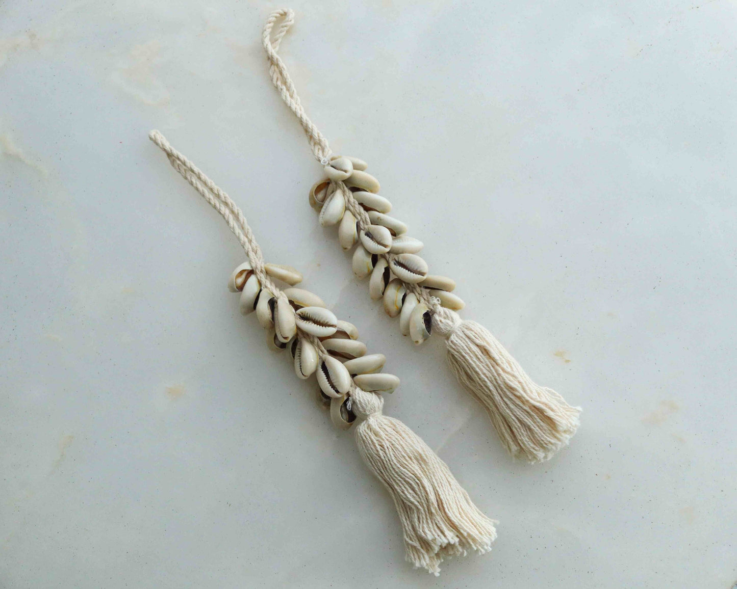 Cowrie Twine Tassel Handmade Charm,White Boho Button Latkan, Quirky Rustic Indian Tribal Bag Charm,Tufted Tassel Christmas Tree Decoration